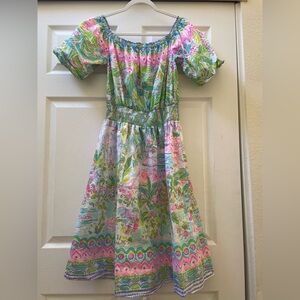 Lilly Pulitzer Camille off the shoulder Cotton Dress in Pink and Green Floral
